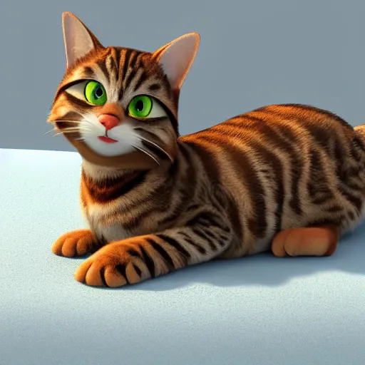 Image similar to pixar movie, brown tabby cat, 3 d, pixar _ tabby _ cat