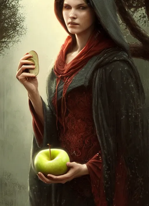 Image similar to a portrait of a woman in a hooded cloak leaning against a tree, holding an apple, looking at the viewer, fantasy digital painting, stunning, intricate details, artwork by ross tran and greg rutkowski