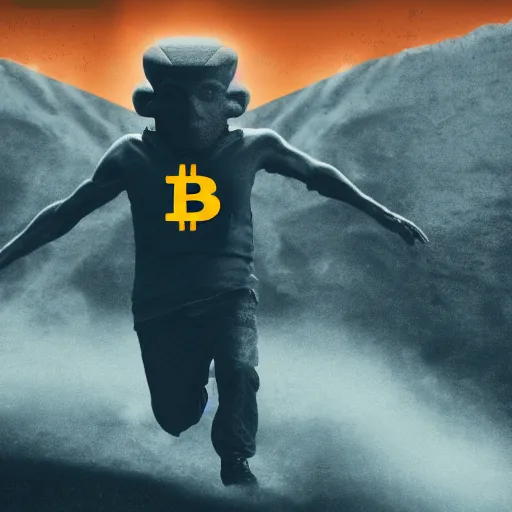 Image similar to man running away from a giant with bitcoin head, sci-fi, cinematic, cryptocurrency, hyperdetailed, 4k