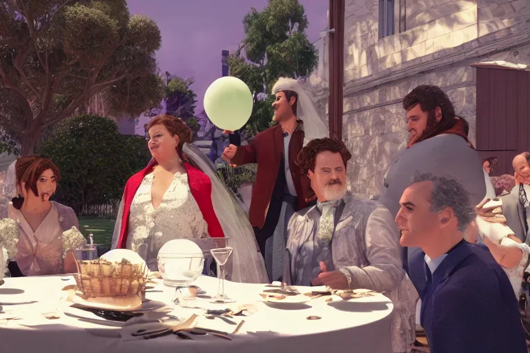 Image similar to a still from My Big Fat Greek wedding, wedding, wedding, with Fox McCloud and Fox McCloud and godzilla, octane render, nvidia raytracing demo, masterpiece