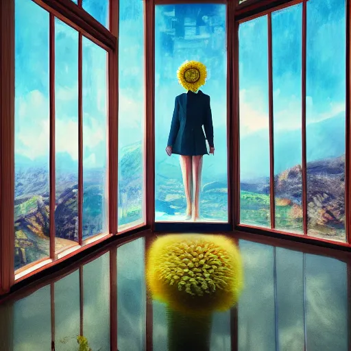 Prompt: huge daisy flower head, woman in suit, standing next to modern window in luxury apartment solid floor, surreal photography, sunlight, impressionist painting, digital painting, artstation, simon stalenhag
