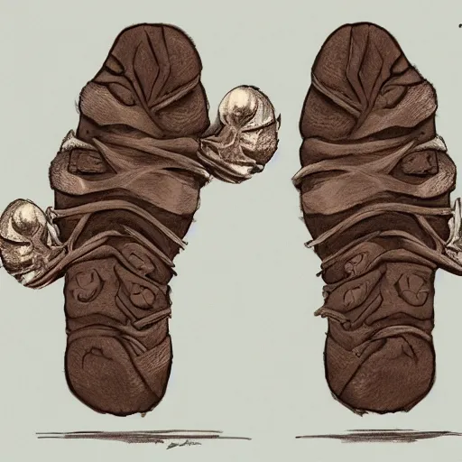 Prompt: toe shoes, toeshoes, a pair of vibram fivefingers made of brown leather with laces, concept art equipment, fantasy illustration, magic item