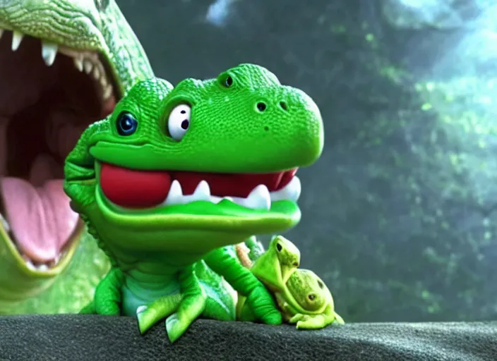 Image similar to film still of yoshi in the new sci - fi movie, cute upright dinosaur with a small turtle shell and long tongue, 8 k