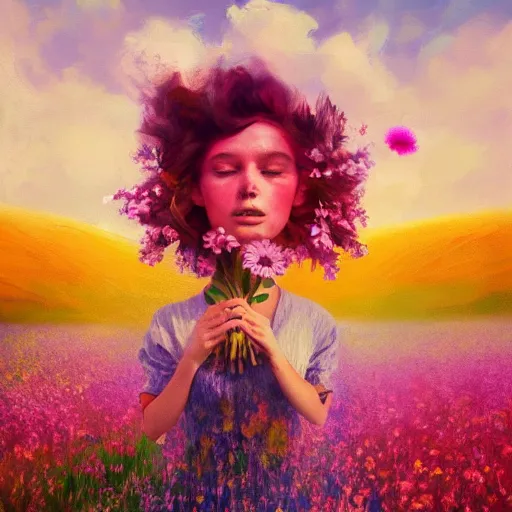 Image similar to girl with an blooming flower for a face, surreal photography, dream, standing in flower field, magical, in a valley, sunrise dramatic light, impressionist painting, colorful clouds, artstation, simon stalenhag, exploding flower face