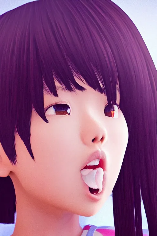 Image similar to a side view portrait of cute Asian girl singing, short hair, in the style of DreamWorks animation, low angle view, 16mm lens, award winning, hyper detailed, dramatic lighting, artstation, octane renderer, unreal engine