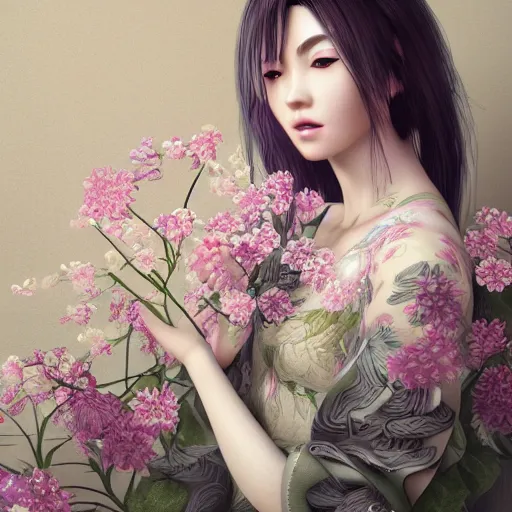 Prompt: beautiful oriental woman, flower clothes, bedroom, ultra realistic, concept art, intricate details, highly detailed, photorealistic, octane render, 8 k