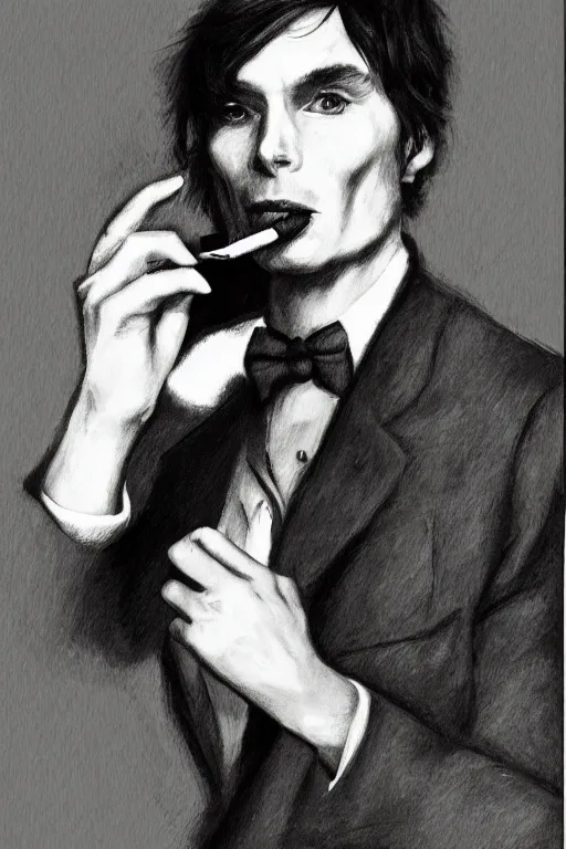 Image similar to cillian murphy smoking a cigar, portrait, greyscale