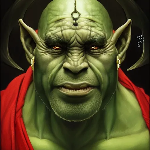 Image similar to fantasy portrait of an orc (green skin) oracle wearing robes and wearing a cloth blindfold that covers his eyes, D&D character, highly detailed, digital fantasy character painted portrait, artstation, concept art, sharp focus, illustration, art by artgerm and greg rutkowski and alphonse mucha and craig mullins and James Jean and Andrei Riabovitchev and Marc Simonetti and peter mohrbacher