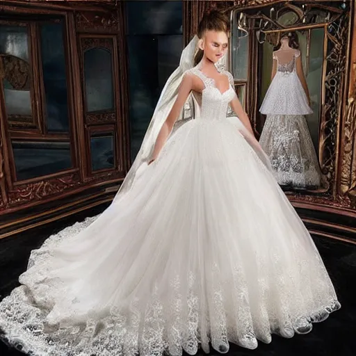 Image similar to fancy delicate knitted wedding dress in light color with fantastically beautiful openwork and pearls, fluffy in places, with an open back. hyper - realistic photo. beautiful. slim. with a beautiful full - length model face. very clear details. background for the style of the dress. luxury is a masterpiece.