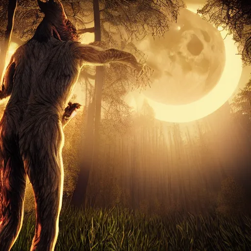 Image similar to man ripping off his skin turning into a werewolf, forest scenery, full moon, illuminated lighting, highly detailed, 4 k