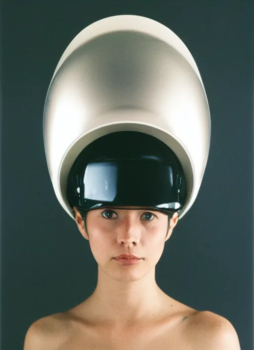Image similar to a fashion portrait photograph of a woman wearing a helmet designed by tadao ando, 3 5 mm, color film camera,