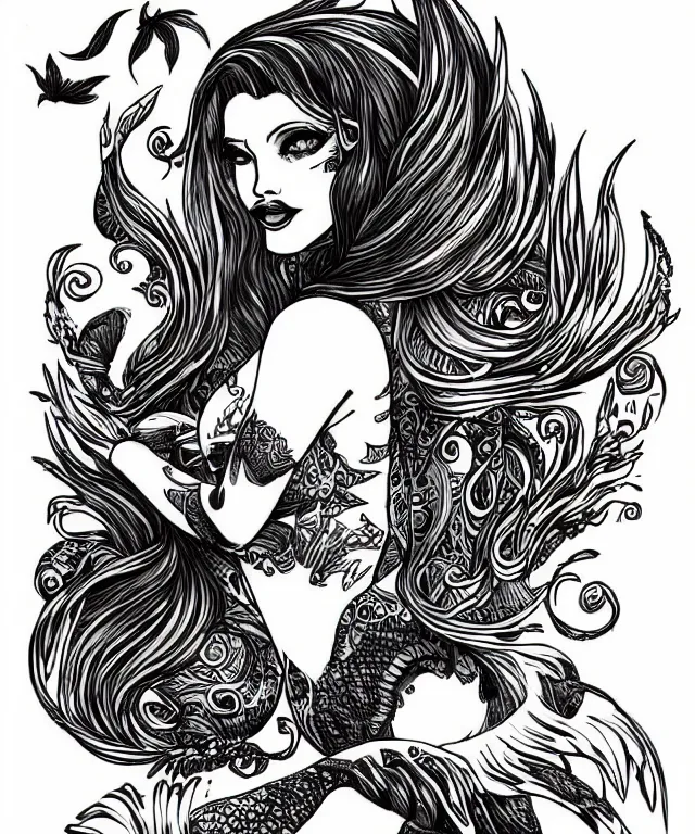 Prompt: black and white illustration, creative design, dark fantasy, tattoo design, beautiful mermaid, full body, swimming in ocean, fish tail bikini top flowing hair
