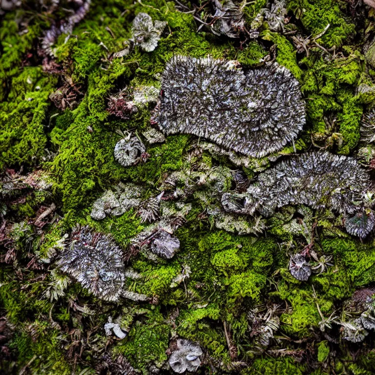 Image similar to a drawn picture lichens and moss close-up various fungus, mushrooms and plants, Atmospheric phenomenon, artistic photography, muted colors, conceptual, long exposure outside the city