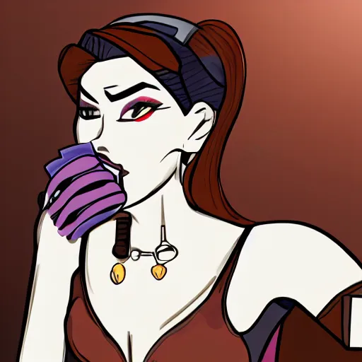 Prompt: Widowmaker drinking a coffee sitting at a bar, hd, digital art