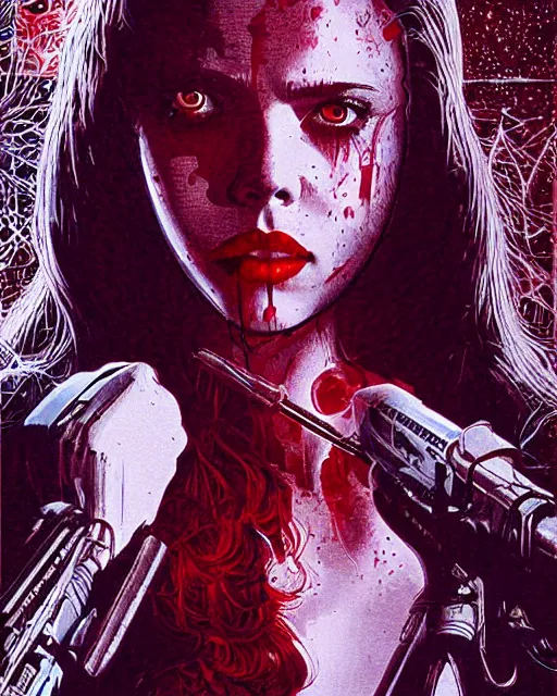 Image similar to scarlett johannson as the final girl, slasher, horror, high details, intricate details, by vincent di fate, artgerm julie bell beeple, 1 9 9 0 s, inking, vintage 9 0 s print, screen print