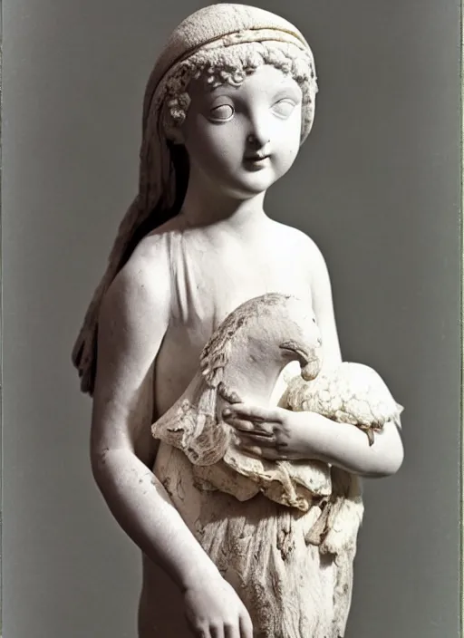 Image similar to realistic photo of a a girl with a pigeons, ancient greek sculpture doll made of white fluffy detailed clay and black brushwood, 1 9 6 0, life magazine photo, natural colors, metropolitan museum, kodak