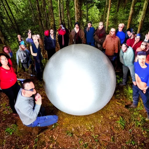 Image similar to a group of 20 people arranged in a circle pointing at a large reflective metal sphere in the forest. Found footage horror
