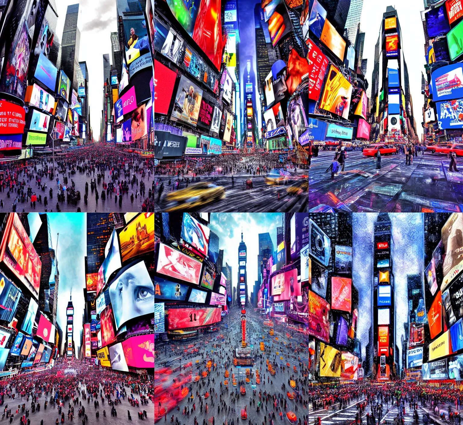 Prompt: 4th dimensional being in the middle of time square new york city, high quality mastercraft digital painting, impossible detail, hyper realistic, sharp, sharp, 4k, ultrahd, virtuosic level detail, gorgeous lighting