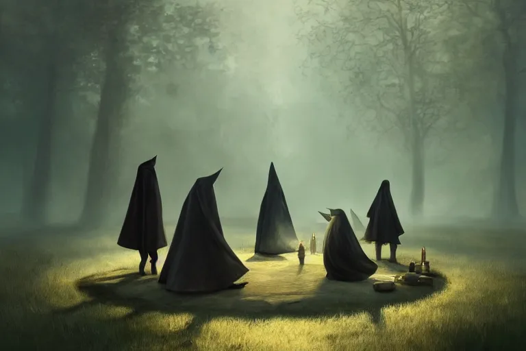 Prompt: masterful fantastic realist painting of the enchanted summoning rituals of unusual moody birds wearing cloaks, weird perspective, digital painting trending on artstation, volumetric lighting and mist, hyperrealistic, octane render