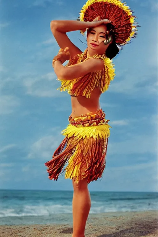 Image similar to female hawaiian hula dancer on beach by kim taylor reece, haunani veruschka von lehndorff, franco rubartelli, vogue landscape photo