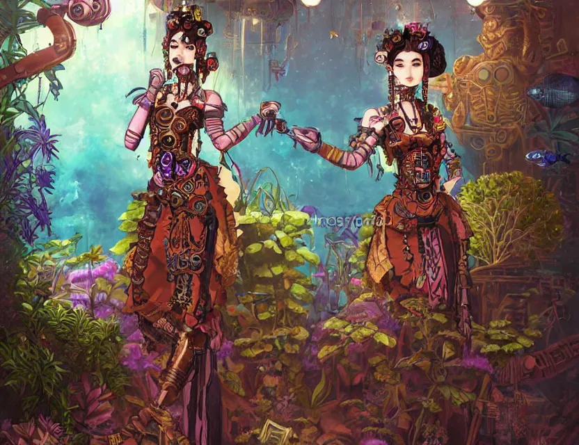 Image similar to aztec scifi princess in a planted aquarium, wearing a lovely dress with steampunk elements. this oil painting by the award - winning mangaka has an interesting color scheme and impeccable lighting.