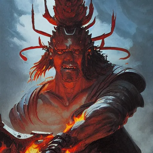 Prompt: head and shoulders portrait of a samurai fire giant, wreathed in flame, d & d, fantasy, greg rutkowski, frank frazetta, alexandre chaudret, boris vallejo, michael whelan, miro petrov, hr giger, magali villeneuve, donato giancola