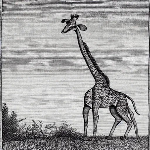 Prompt: First image of the Dachshund Giraffe to reach Europe, 18th-century engraving