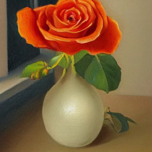 Prompt: The rose is placed in a vase on a windowsill. The light from the window casts a warm, golden glow on the petals of the rose, making them appear illuminated. The colors in the painting are soft and muted, giving the overall impression of a tranquil scene. Trending on artstation, in the style of famous painter.