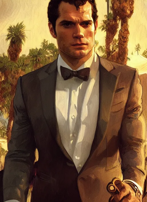 Prompt: portrait of henry cavill as james bond, casino, key art, sprinting, palm trees, highly detailed, digital painting, artstation, concept art, cinematic lighting, sharp focus, illustration, by gaston bussiere alphonse mucha