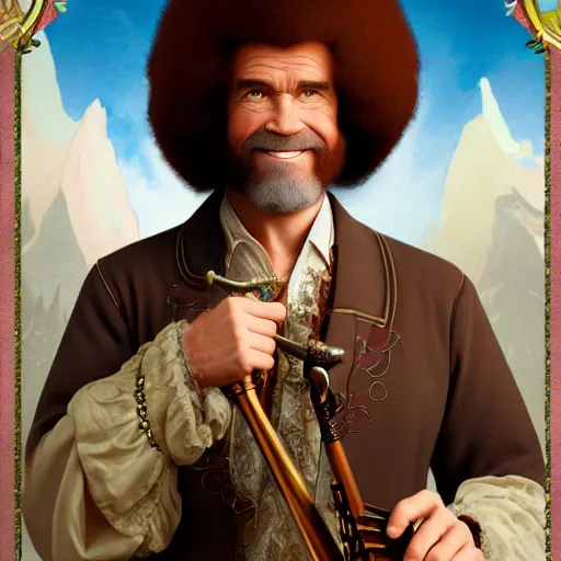 Image similar to an ultra detailed vector image of bob ross dressed as a fantasy bard, d & d, epic fantasy, concept art by alphonse mucha and greg rutkowski, octane render, 8 k, detailed face