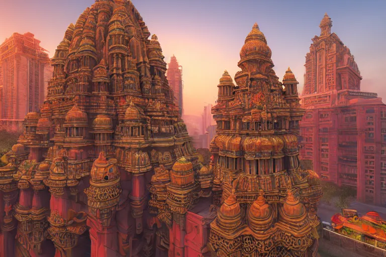 Image similar to high quality 3 d dreamscape! mumbai with biomorphic hanuman!! head building, kalighat detailed, unreal engine cinematic smooth, stephen shore & john j. park, soft morning light, wide shot, high angle, uhd 8 k, deep focus