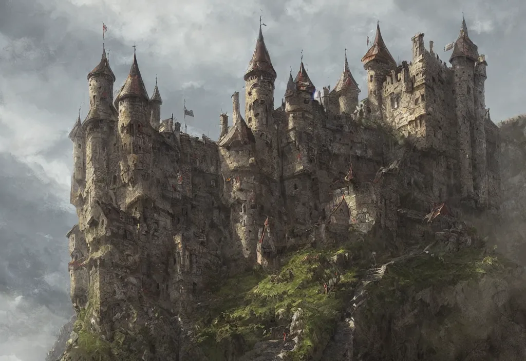 Image similar to enormous medieval castle on top of a tall narrow mountain, artstation, jakub rozalski, high detail