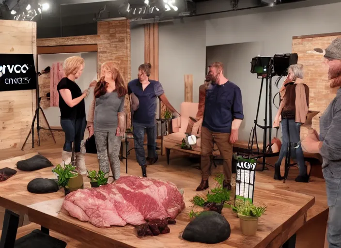 Prompt: qvc tv show product showcase nasty meat men beast raw flesh, studio lighting, limited time offer, graphics $ 9 9 call now