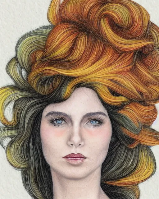 Image similar to a young woman with an extravagant hair style, colored pencil highly realistic rendering graphic collage in the style of Erica Rose Levine