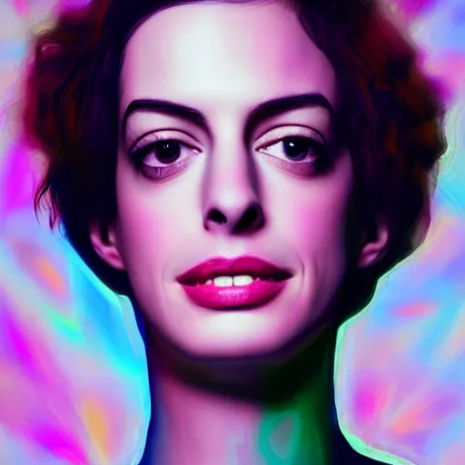 Prompt: surreal Anne Hathaway covered in chromatic distortions standing in mysterious place, beautiful, pscychodelic, trending on artstation, artwork by Hughes, Edward Robert