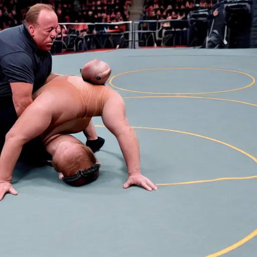 Prompt: alex jones is wearing a leotard and is wrestling on a wrestling mat with Joe Biden wearing an azov battallion uniform, they are both incontinent and have soiled and vomitted on the wrestling mat