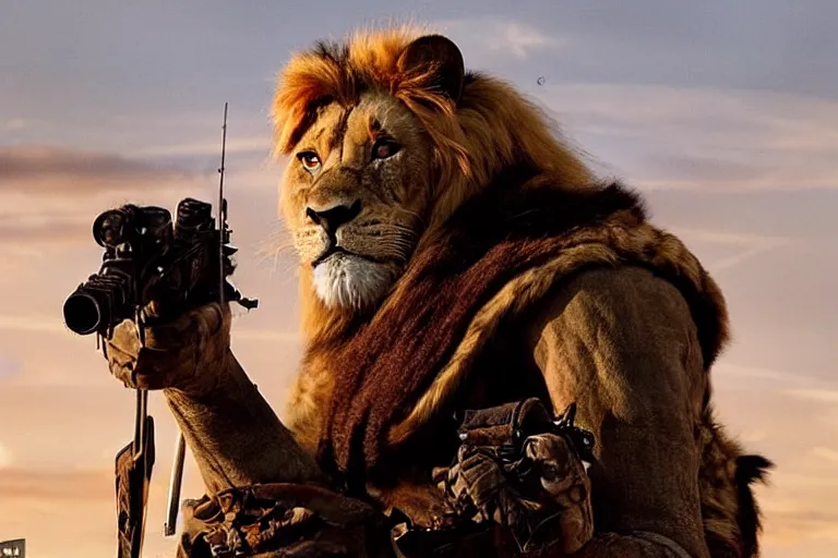 Image similar to scar ( from the lion king ), heavily armed and armored facing down armageddon in a dark and gritty version from the makers of mad max : fury road : witness me