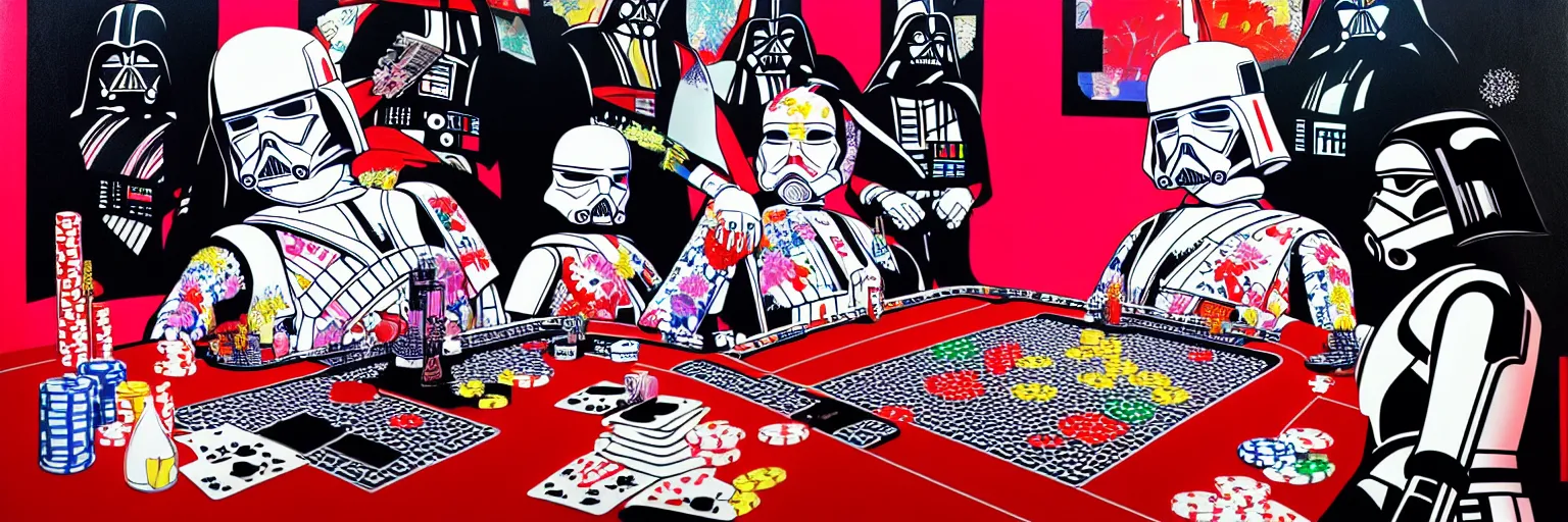 Image similar to hyperrealism composition of the detailed woman in a japanese kimono sitting at an extremely detailed poker table with darth vader and stormtrooper, ( ( r 2 d 2 ) ), ( ( c 3 po ) ), fireworks on the background, pop - art style, jacky tsai style, andy warhol style, acrylic on canvas