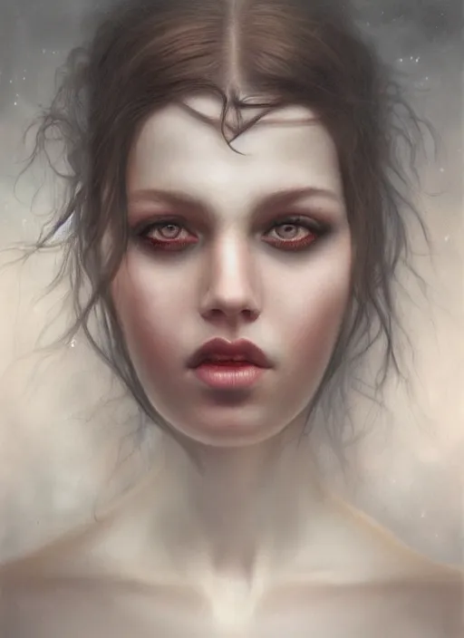 Image similar to hyper realistic, portrait, close - up, dark witch, painting by tom bagshaw, smooth, sharp focus