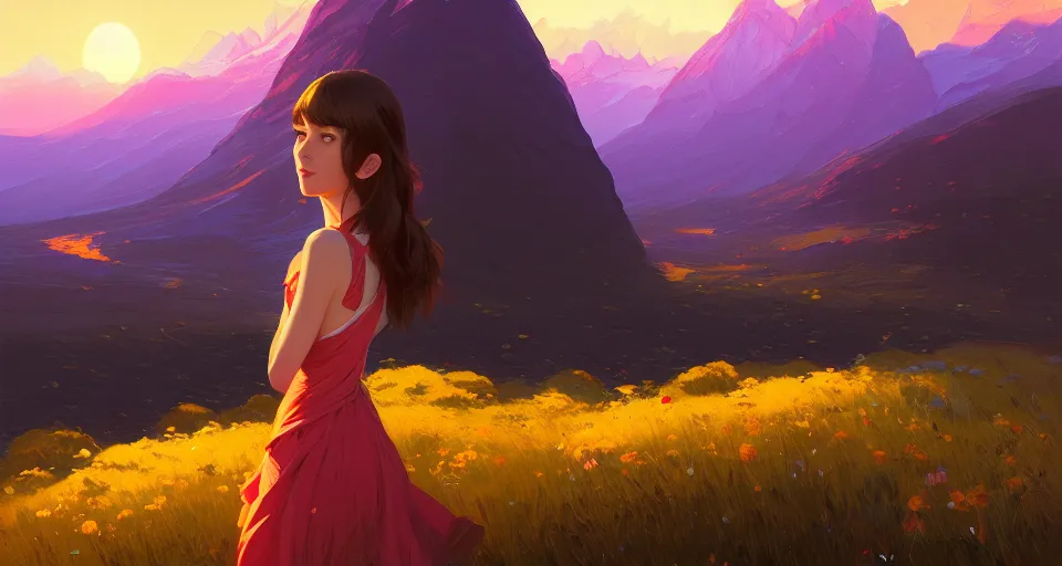 Image similar to a single flower with a few petals behind a beautiful mountain landscape, night setting. realistic shaded lighting poster by ilya kuvshinov katsuhiro, magali villeneuve, artgerm, jeremy lipkin and michael garmash, rob rey and kentaro miura style, trending on art station