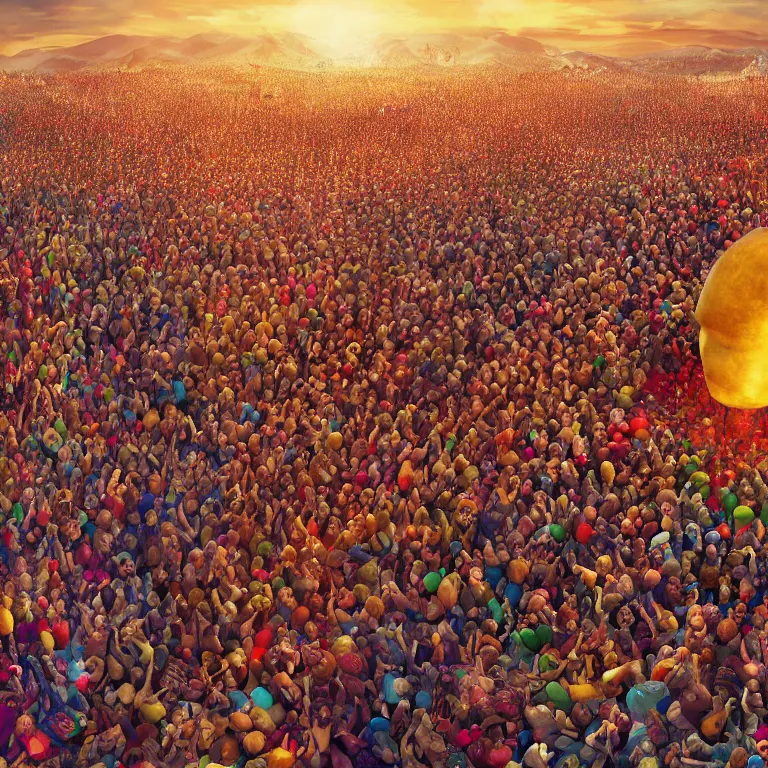 Prompt: wide angle octane render by wayne barlow and carlo crivelli and glenn fabry, a giant massive tall huge shining reflective golden screaming angry head surrounded by a giant huge massive crowd of people wrapped in colorful patterned blankets, goldenhour lighting, cinema 4 d, ray traced lighting, very short depth of field, bokeh