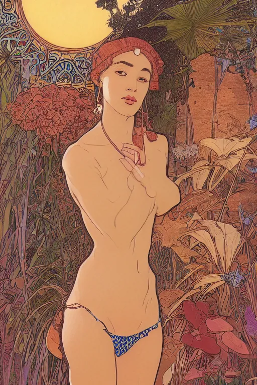 Image similar to a beautiful illustration of an african godess model girl with short hair, bikini, she's sad by mucha and moebius and geof darrow, sunset, street of hong kong, cinematic light, very detailed, depressing atmosphere, cover magazine