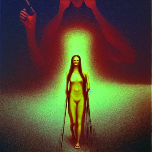 Image similar to charlies angels by beksinski and tristan eaton, beautiful dystopian neon hologram