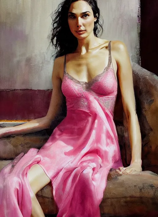 Prompt: painting of Gal Gadot sitting on a couch, wearing a pink lace bralette and draped in a silk sheet, by Jeremy Mann, stylized, detailed, loose brush strokes, soft tones, intimate, beautiful, flowing