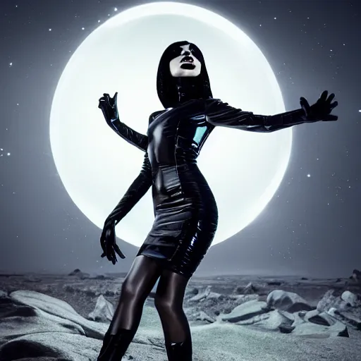 Image similar to portrait, full - body, a futuristic neo - goth woman wearing a shiny black latex ornate rococo dress, inside a volcanic black rock landscape, soft moonlight, volumetric lighting, dramatic, moody, ultra - sharp