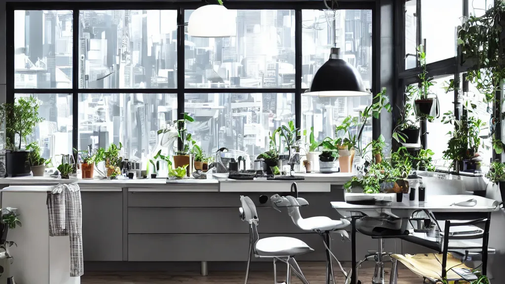 Prompt: Ikea catalogue photo, high end technological cyberpunk house style kitchen, various lush plant life, iridescent flooring, riveted steel furniture, cityscape in the window