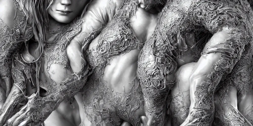 Prompt: hyperrealistic photography of a stunningly cyborg female, intimate, holding hands, kissing, in the style of beth cavener, jin kagetsu,, and wlop, highly detailed, intricate filigree, chrome face symmetry, masterpiece, award - winning, sharp focus, concept art, high key, ambient lighting, 8 k, octane render, artstation