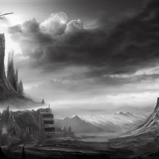 Image similar to the new age, black and white matte painting