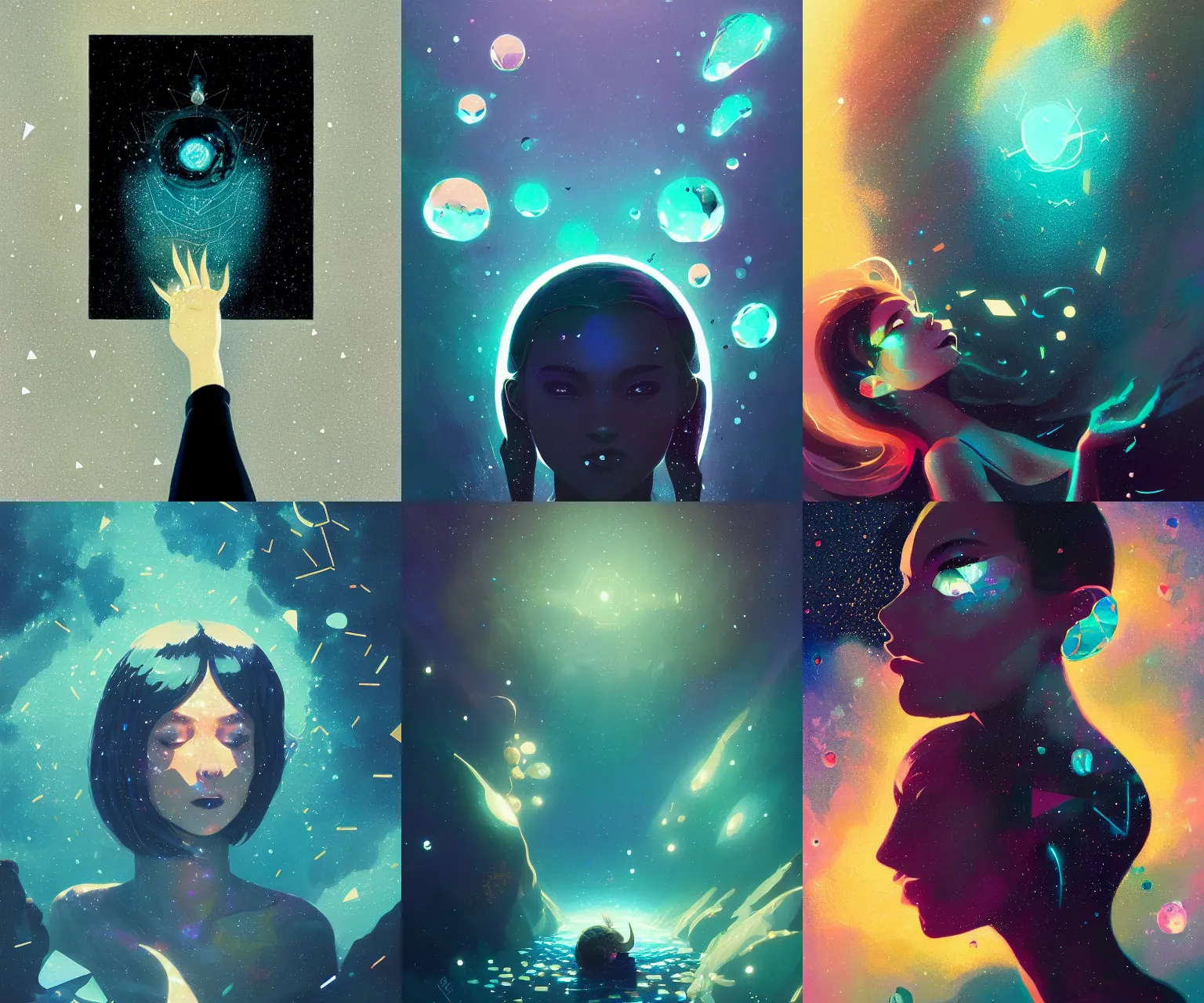 Prompt: sparkling cosmic constellation portrait, cracked obsidian geometric fantasy art, splattering black gold iridescent bubbly underwater scenery, greg rutkowski, loish, rhads, makoto shinkai, lois van baarle, ilya kuvshinov