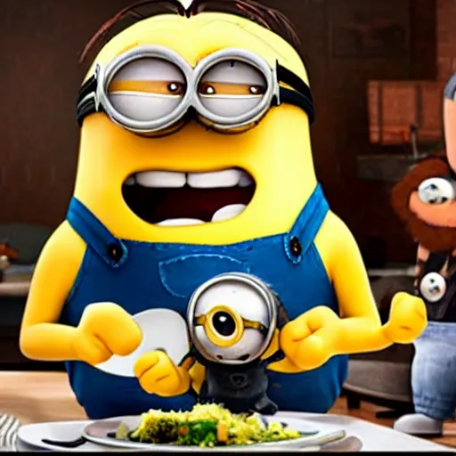 Image similar to seth rogan holding a fork and knife, about to eat a minion that is laying dead on a plate